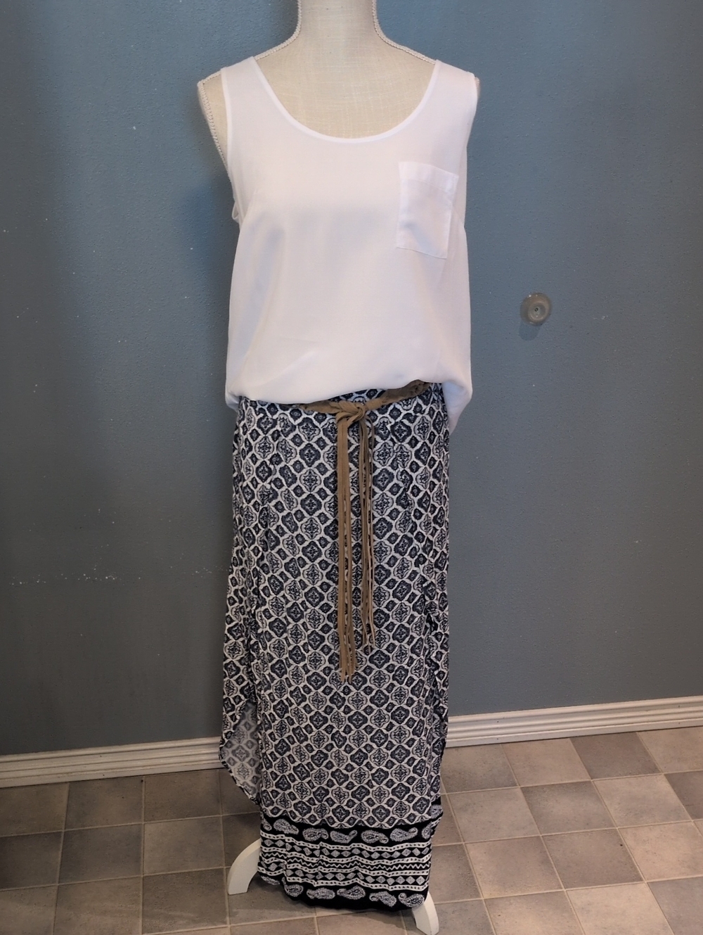 FadedGlory Boho Flowy TankTop Braided Belt Aztec Print Maxi Skirt Set Resortwear